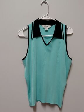 Ming Wang Aqua Knit Sleeveless Polo with Black Trim